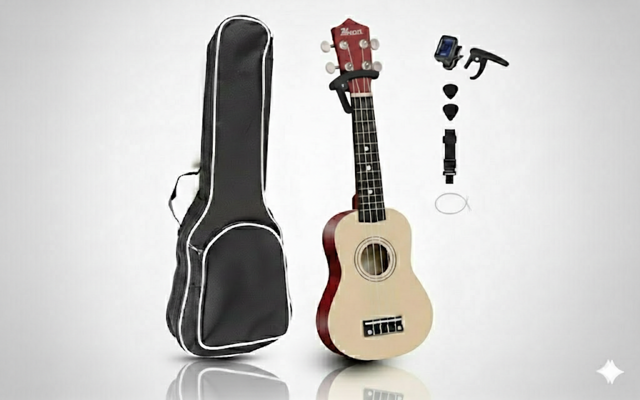 21-inch Soprano Ukulele for Beginners – Natural Wood Finish – Complete Starter Bundle with Padded Bag, Tuner, Capo, Extra Strings, Strap, and Picks