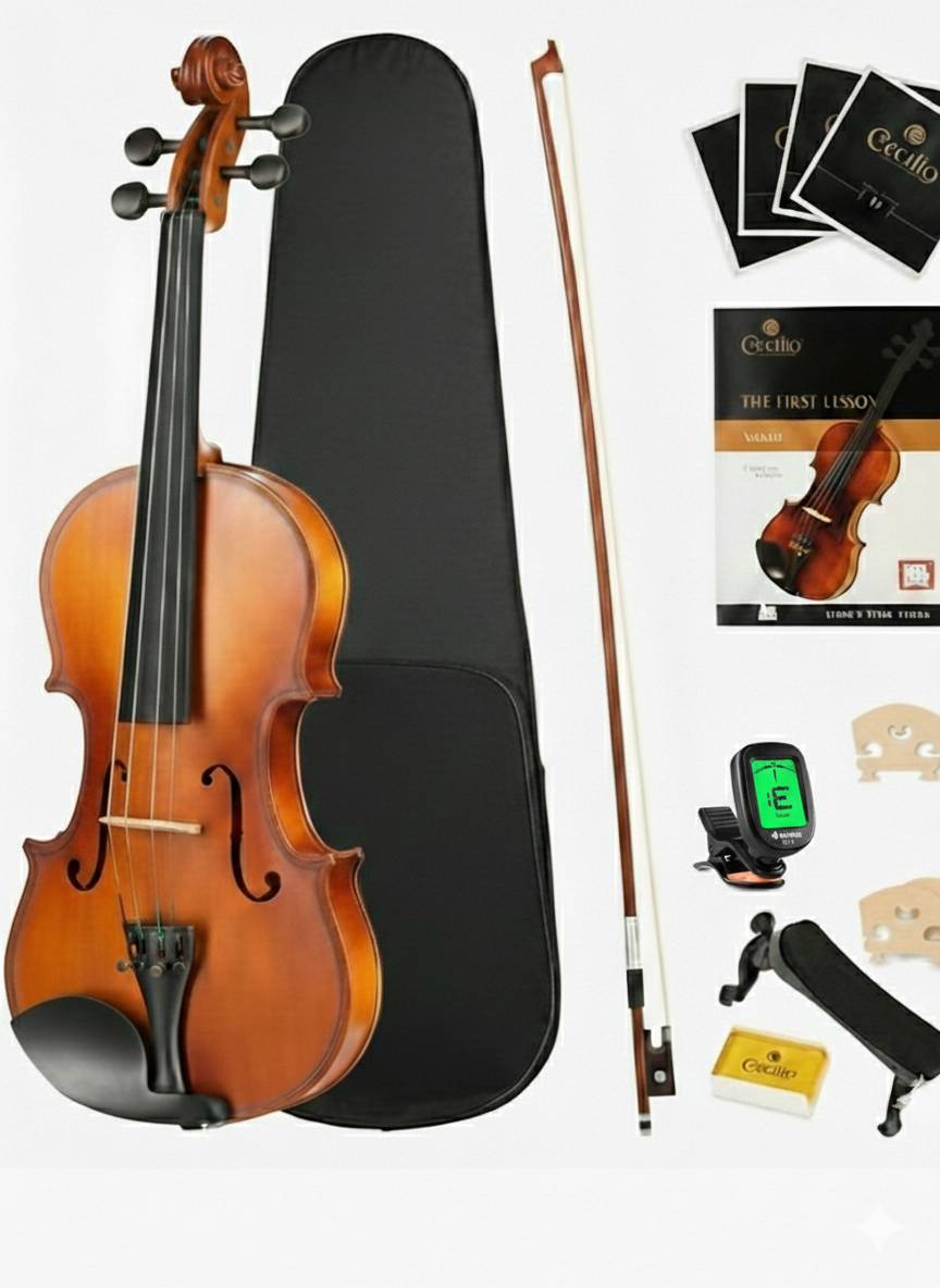 4/4 Full Size Violin Starter Kit – Solid Wood Orchestral Set with Digital Tuner, Adjustable Shoulder Rest, Extra Strings, Rosin, and Padded Case