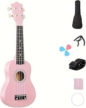 MegArya Designer Series 4 String Soprano Ukulele with Bag, Capo, Strap, Cloth and Strings (Pink)