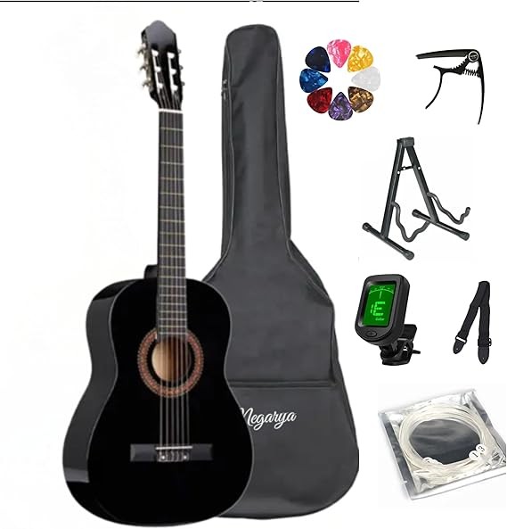 MegArya 39” Classical Guitar with Nylon Strings Guitar with Truss Rod for Beginner Professional Acoustic with Bag, Strap, Capo, Picks, Strings, Tuner, A Frame (Black)