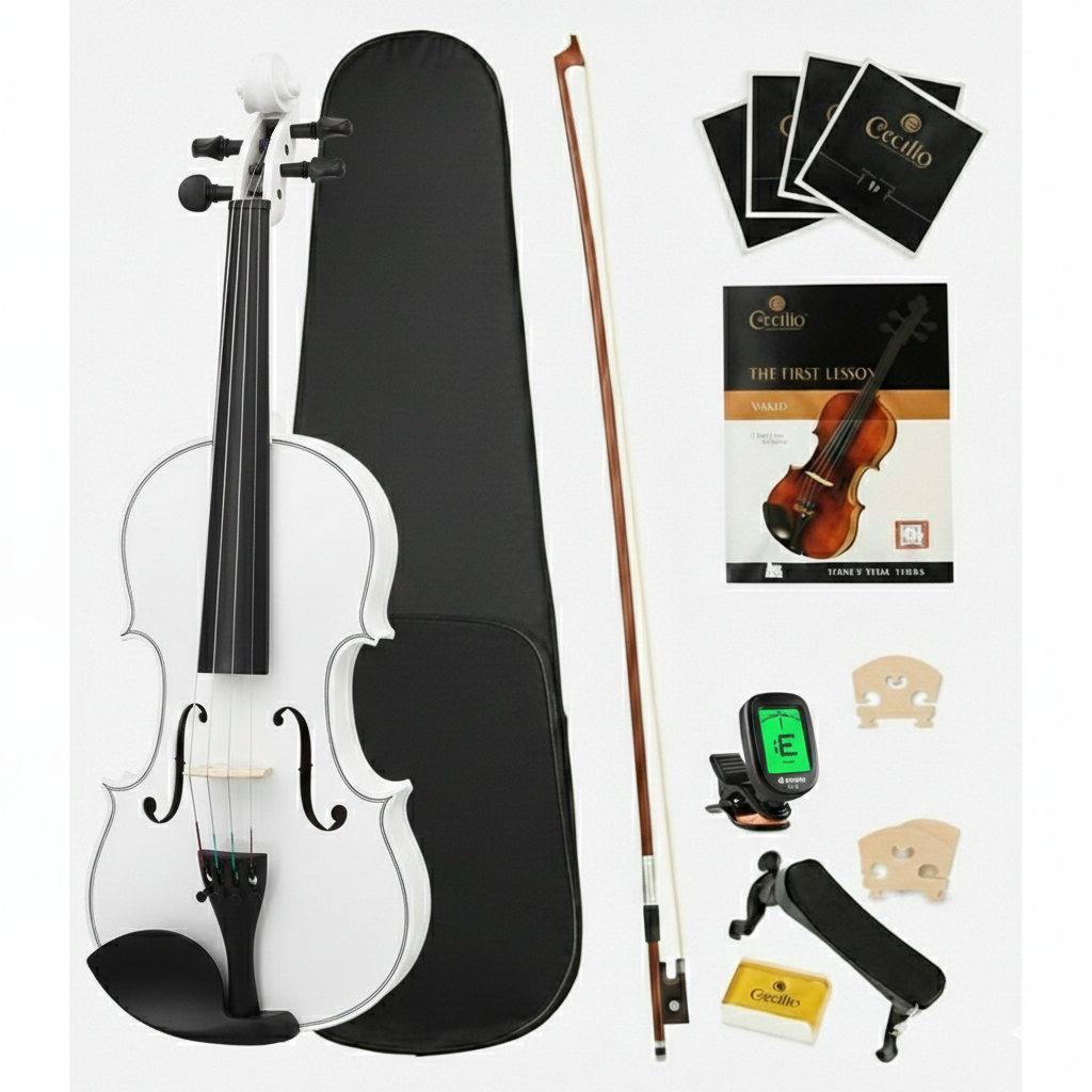 4/4 Full Size Violin Starter Kit – Solid Wood Orchestral Set with Digital Tuner, Adjustable Shoulder Rest, Extra Strings, Rosin, and Padded Case In White Finish