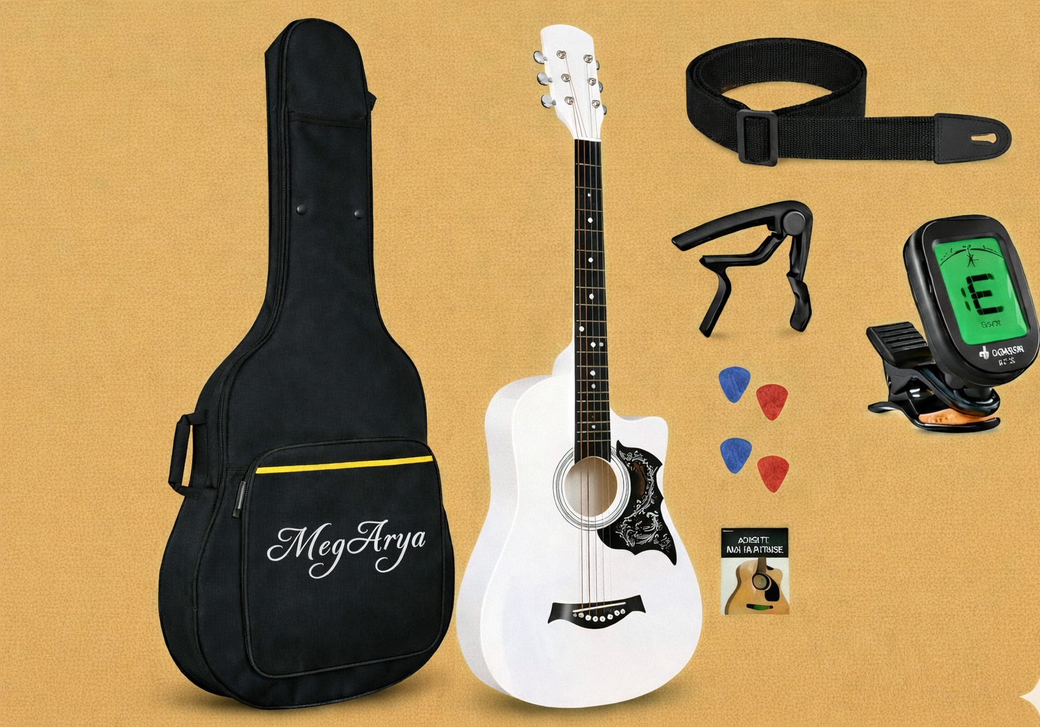 38-Inch Acoustic Guitar Starter Kit – White Gloss Finish with Elegant Floral Pickguard, Gig Bag, and Full Accessory Bundle