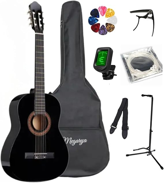 MegArya 39” Classical Guitar with Nylon Strings Guitar with Truss Rod for Beginner Professional Acoustic with Bag, Strap, Capo, Picks, Strings, Tuner, Single Guitar Holder (Black)