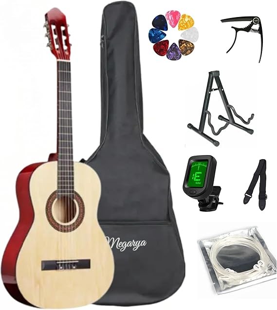 MegArya 39” Classical Guitar with Nylon Strings Guitar with Truss Rod for Beginner Professional Acoustic with Bag, Strap, Capo, Picks, Strings, Tuner,A Frame (Natural)