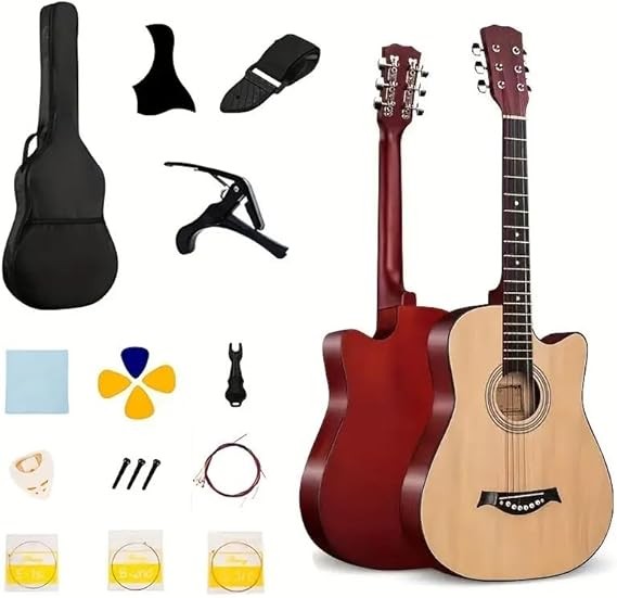 MegArya 38 Inch Acoustic Guitar With Bag And Guitar accessories In Natural Finish