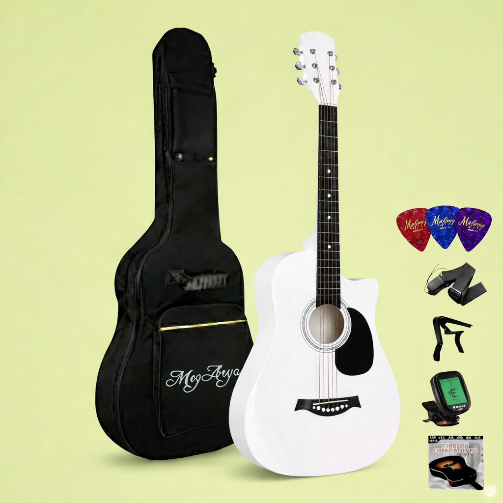 38-Inch White Acoustic Guitar with Water Black Pickguard – Complete Bundle with Bag, Strap, Tuner, Strings & Picks