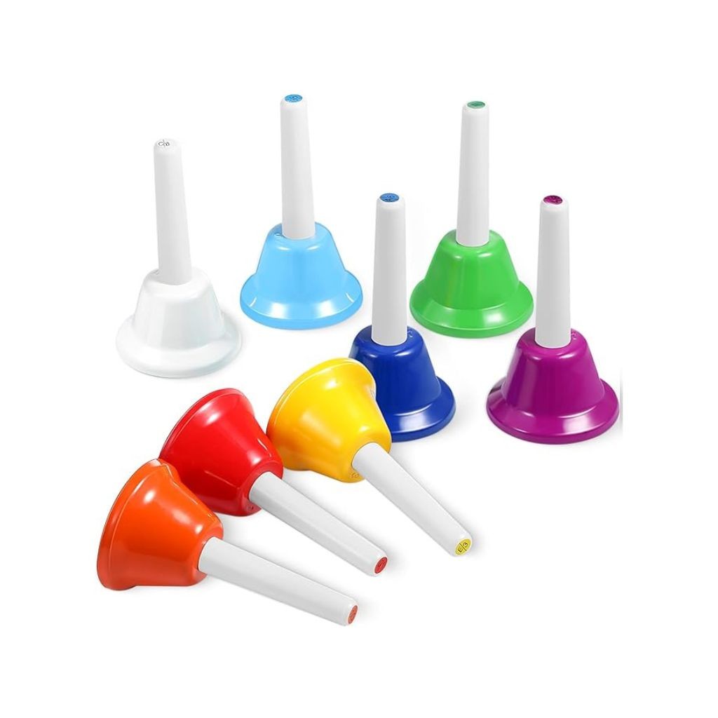 8 Note Diatonic Metal Hand Bells Set Musical Instrument for all ages and skill levels.