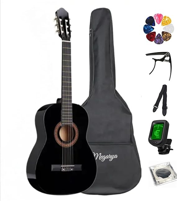 MegArya 39” Classical Guitar with Nylon Strings Guitar with Truss Rod for Beginner Professional Acoustic with Bag, Strap, Capo, Picks, Strings, Tuner (Black)