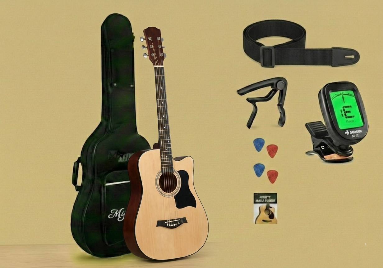 38-Inch Acoustic Guitar Starter Kit – Natural Finish with Custom Bird Inlay, Black Pickguard, and Full Beginner Accessory Pack