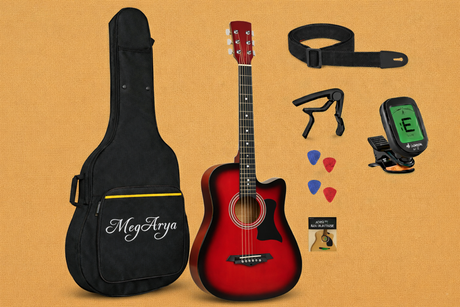 Student Acoustic Guitar Set – 38-Inch Red Sunburst with Elegant Bird Design and Full Accessory Kit