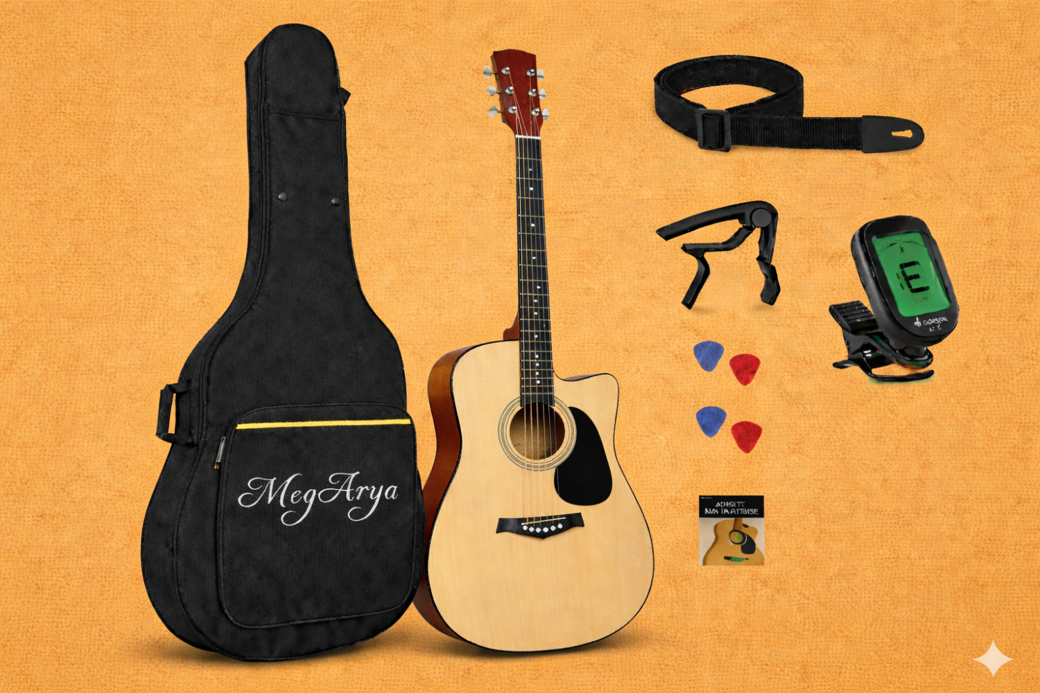 38-Inch Natural Acoustic Guitar with Water Black Pickguard – Complete Beginner Bundle with Gig Bag, Strap, Digital Tuner, Strings & Picks