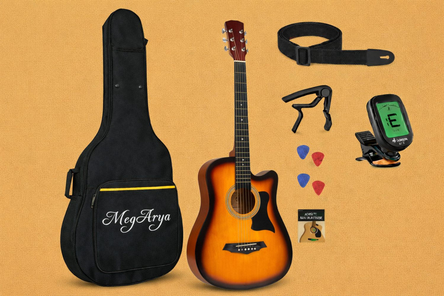 Student Acoustic Guitar Set – 38-Inch Sunburst with Elegant Bird Design and Full Accessory Kit