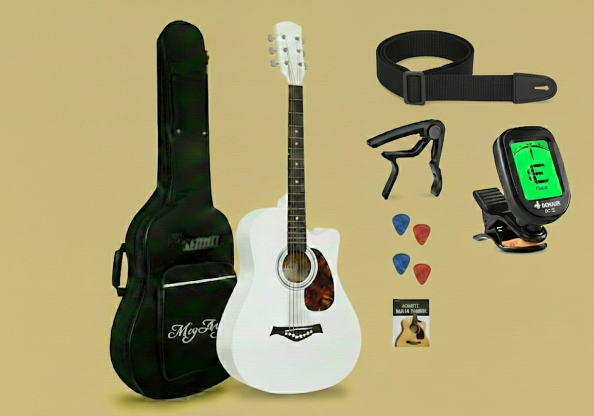38-Inch Alabaster White Acoustic Guitar Bundle with Bag, Strap, Tuner, Strings & Picks