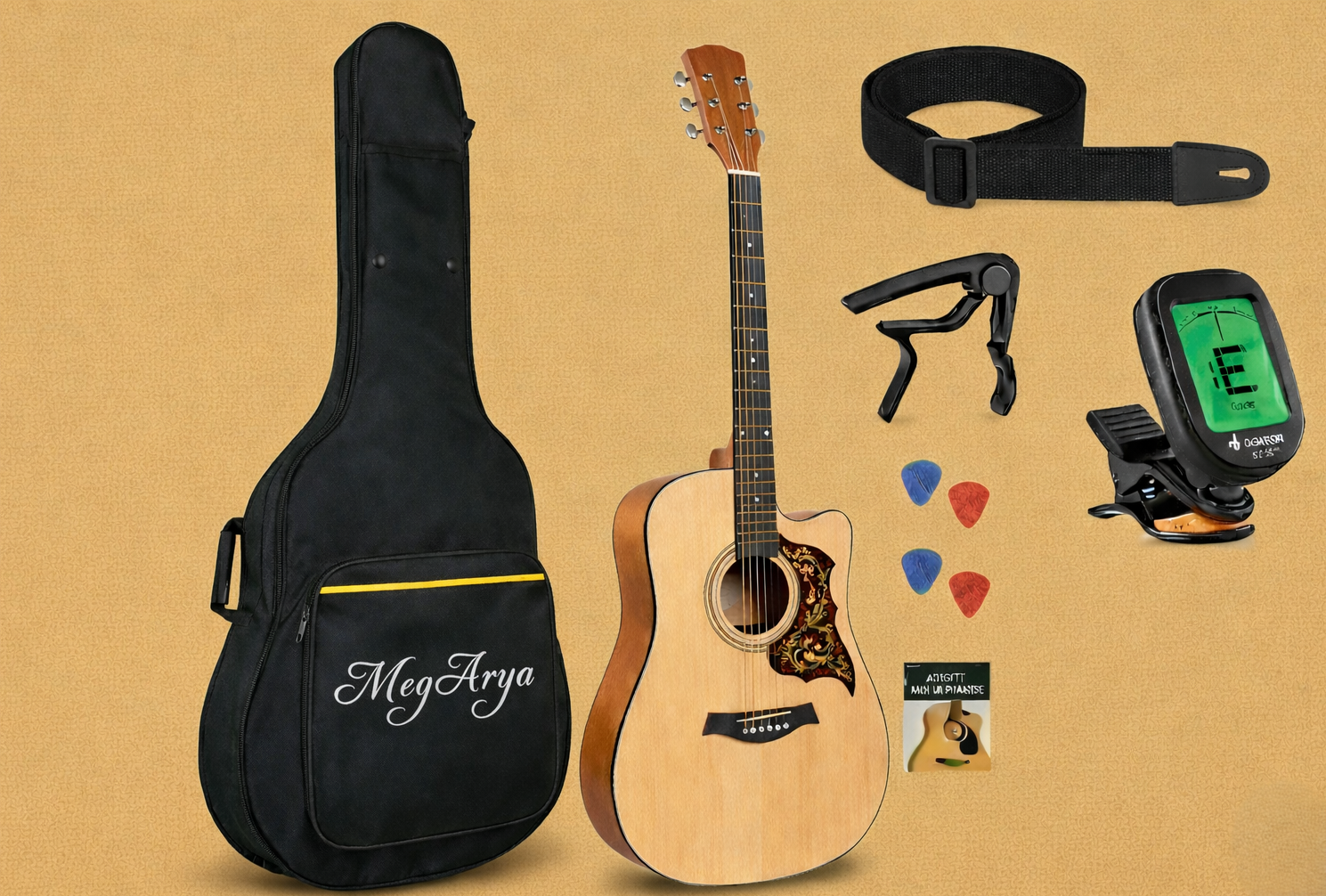 38-Inch Acoustic Guitar Starter Kit – Natural Finish with Elegant Floral Pickguard, Gig Bag, and Full Accessory Bundle