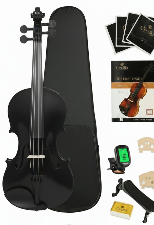 4/4 Full Size Violin Starter Kit – Solid Wood Orchestral Set with Digital Tuner, Adjustable Shoulder Rest, Extra Strings, Rosin, and Padded Case In Black Finish