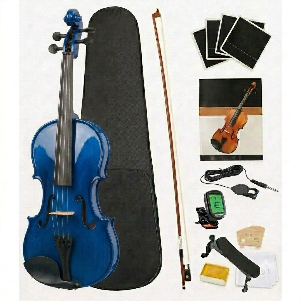 MegArya 4/4 Full Size Glossy Blue Finish Violin Starter Kit – Solid Wood Acoustic Violin with Digital Tuner, Adjustable Shoulder Rest, Extra Strings, Rosin & Cleaning Cloth for Beginners & Students | 