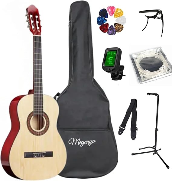 MegArya 39” Classical Guitar with Nylon Strings Guitar with Truss Rod for Beginner Professional Acoustic with Bag, Strap, Capo, Picks, Strings, Tuner, Single Guitar Holder(Natural)